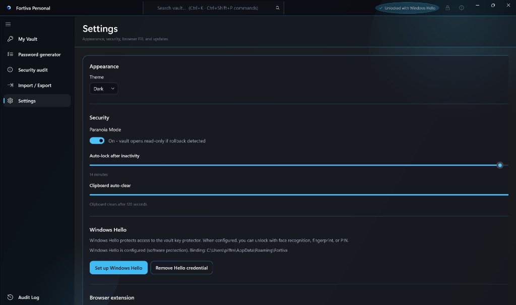 Fortiva settings screen