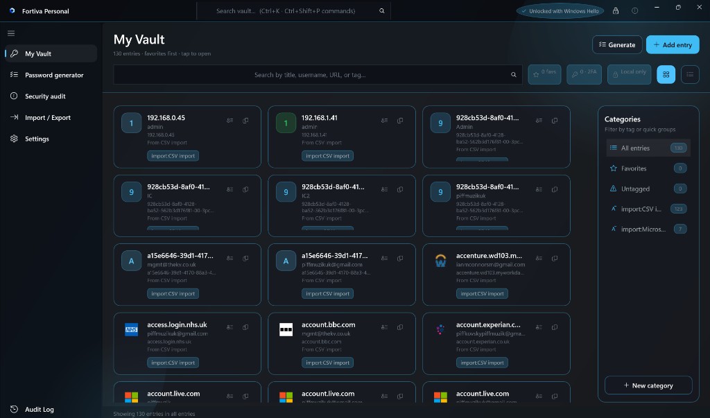 Fortiva Personal vault with saved credentials on Windows